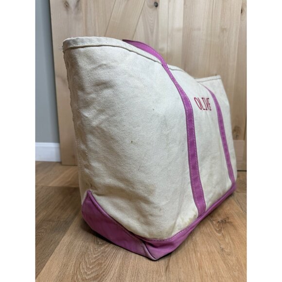 90s L.L. Bean Boat And Tote Bag Canvas Bag Pink Trim "Olive" Embroidered 26" - Picture 2 of 9